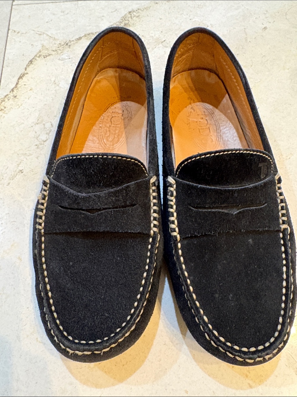 Tod's Black Suede Penny Loafers with Cream Contrast Stitching